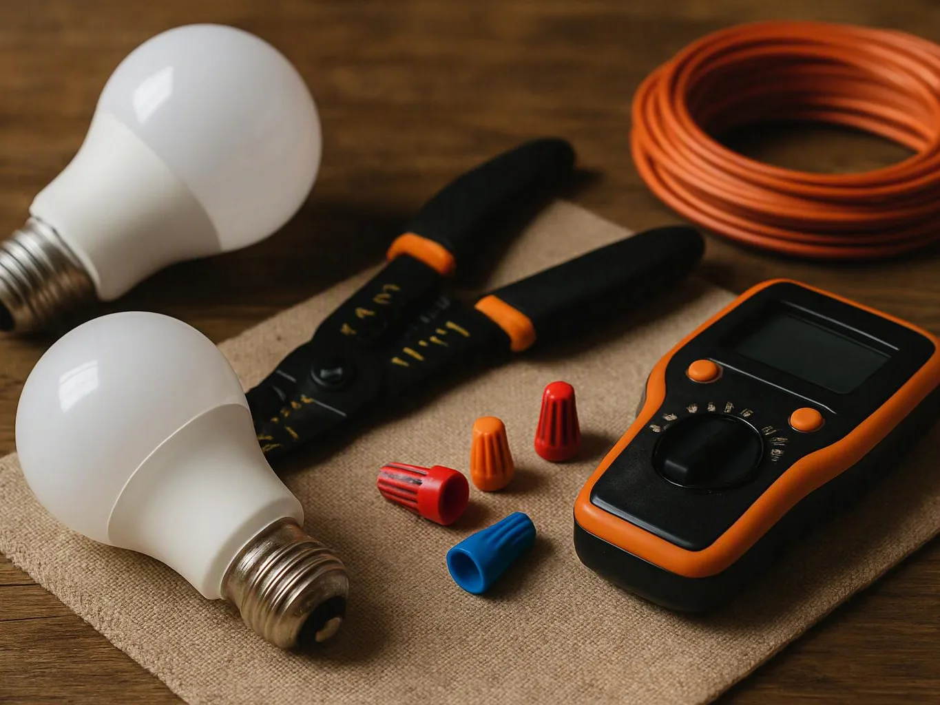 A pair of light bulbs, wire strippers, wire nuts, a multimeter, and orange cable sit on a wooden table