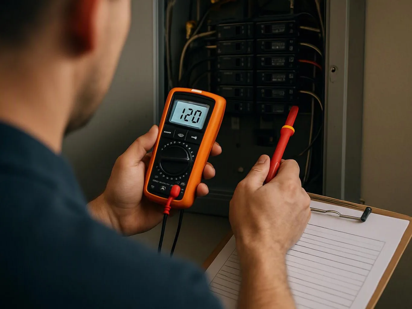 A person holds a multimeter and probe while checking electrical breakers inside an open panel