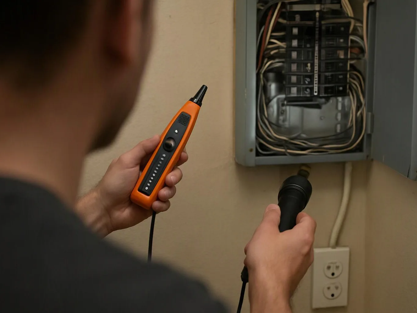 A person holds two electrical testing tools near an open wall panel with exposed wiring and breakers
