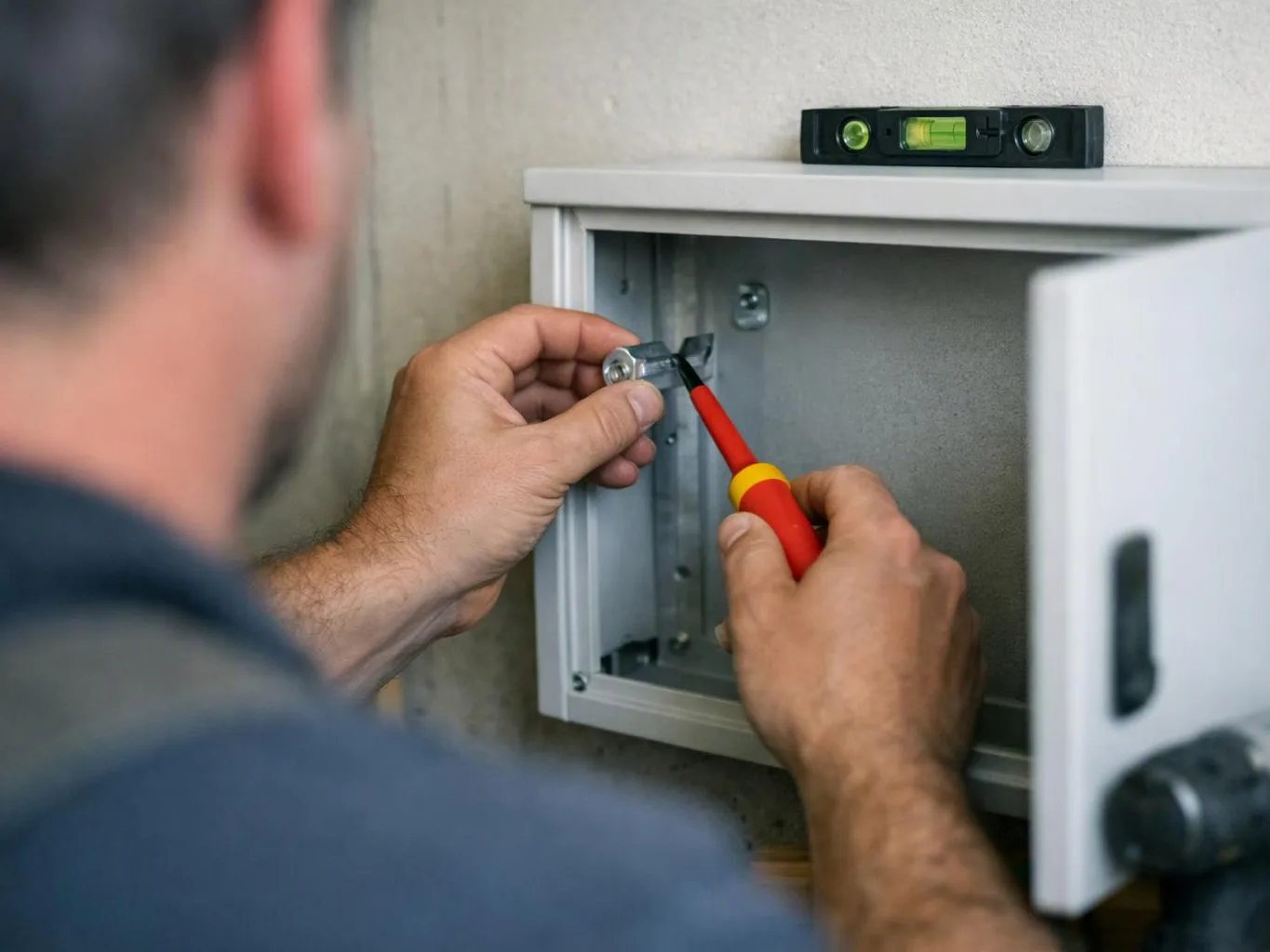 A person installs a metal bracket inside an open electrical panel using a red-handled screwdriver