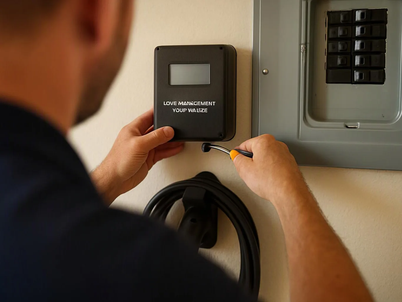 A person installs a small black wall device beside an electrical panel using a screwdriver