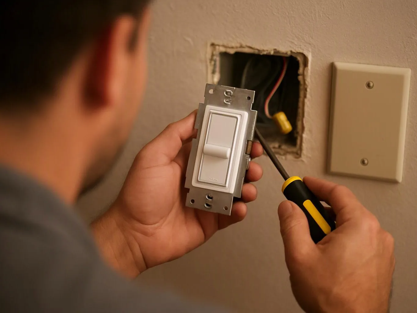 A person installs a white wall switch beside an open electrical box, holding a screwdriver near exposed wires