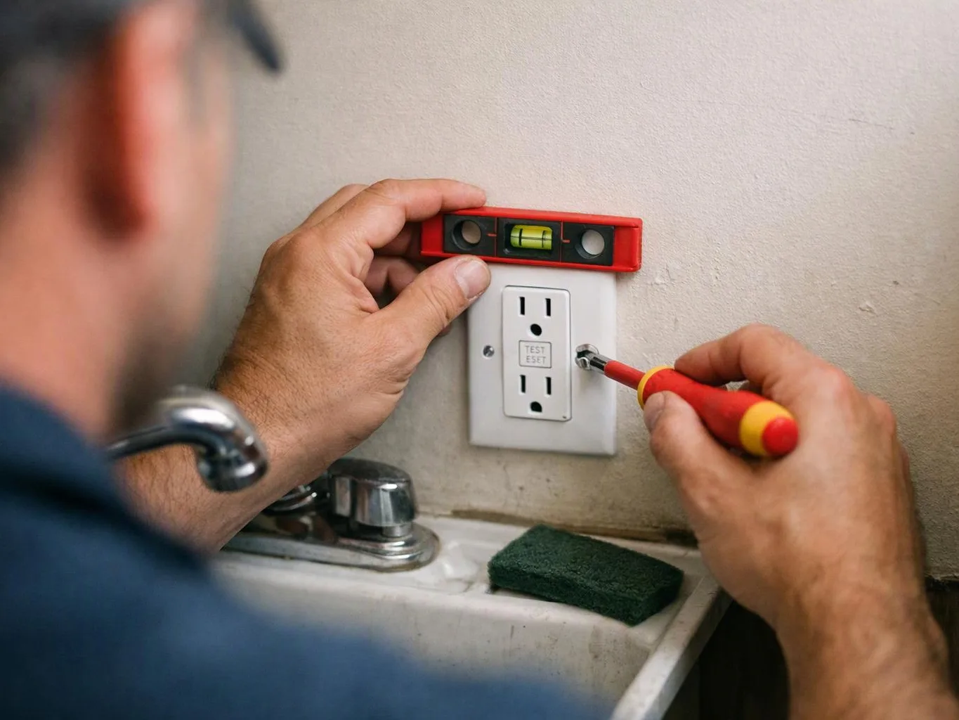 A person levels a bathroom outlet near a sink while holding a screwdriver and red spirit level