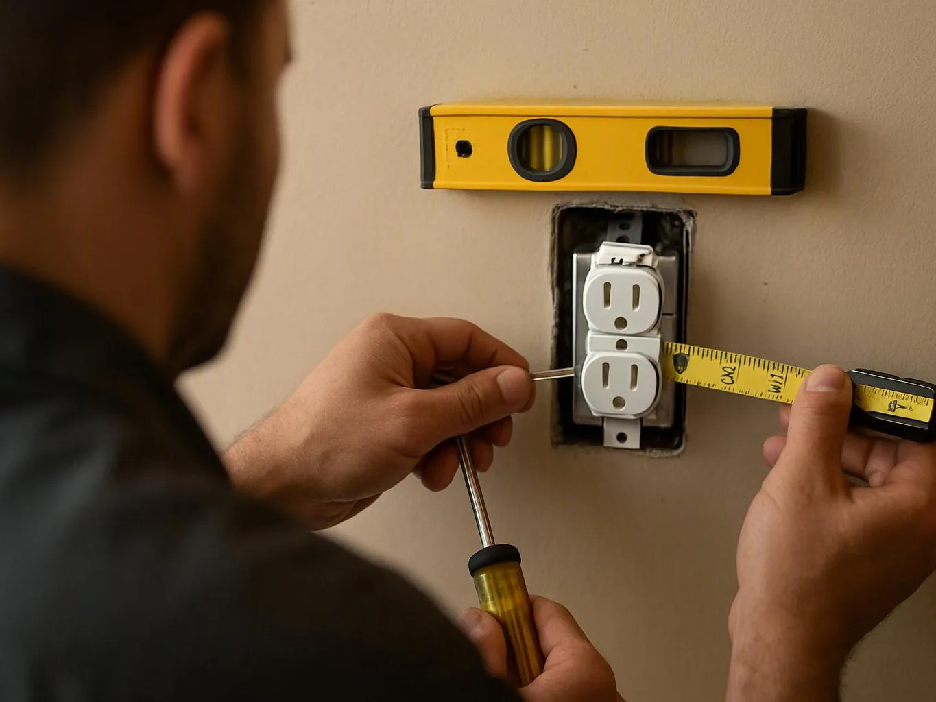 A person measures and adjusts an electrical outlet in a wall opening with a level and screwdriver
