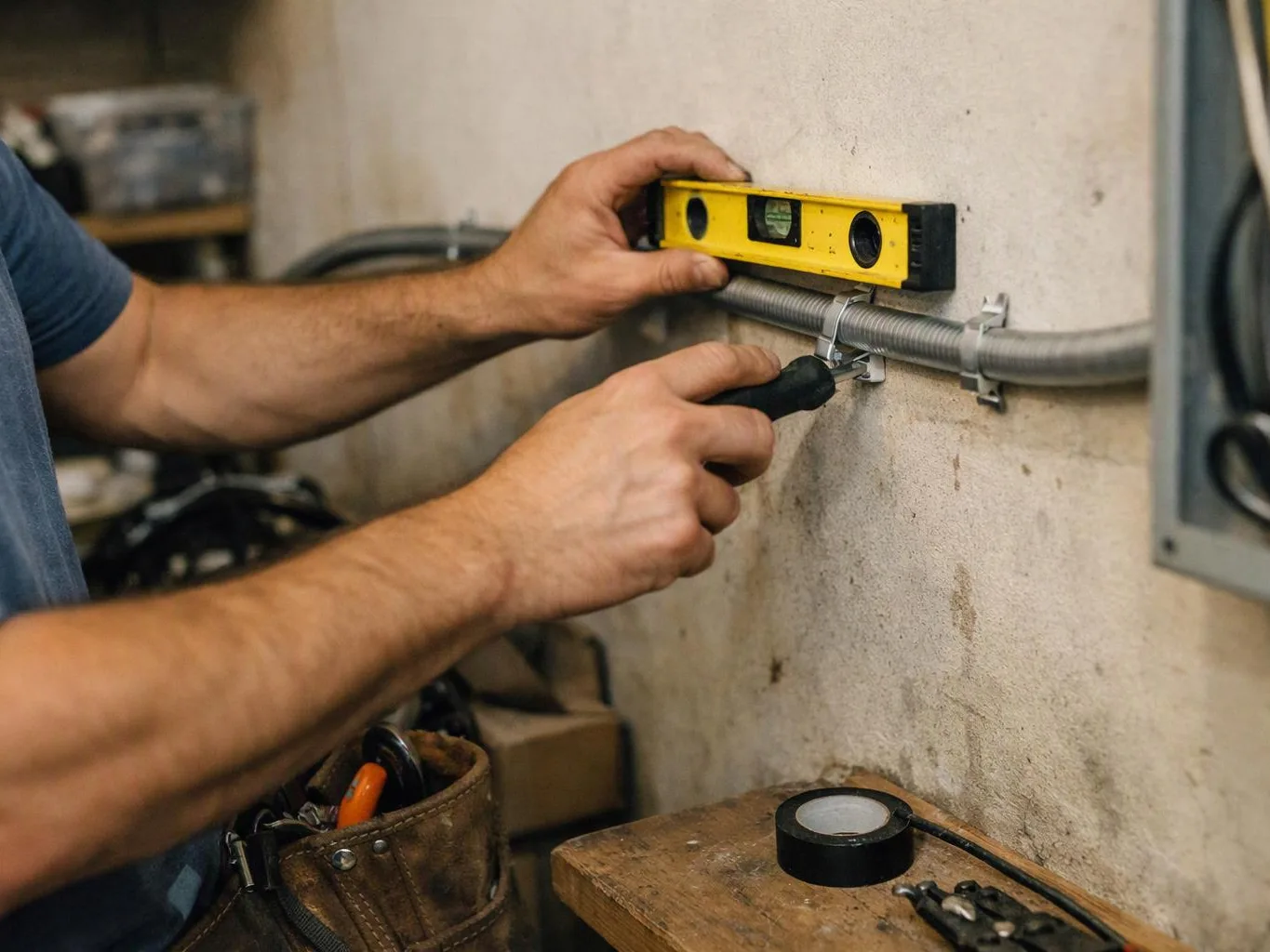 A person measures a metal conduit with a level and tightens a wall clamp beside a workbench