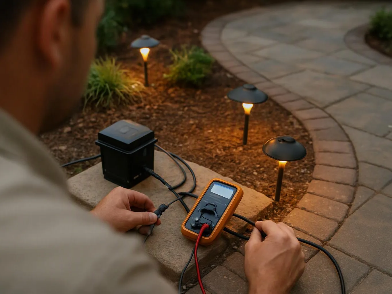 A person tests garden lights with a meter beside a stone path at dusk
