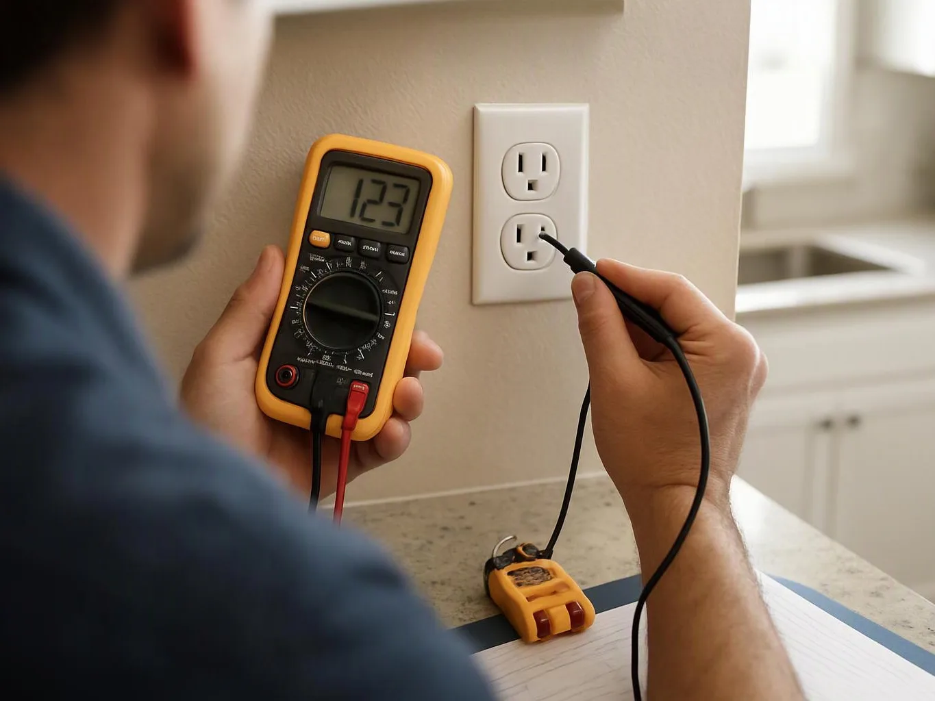 A person tests a wall outlet with a digital multimeter in a bright kitchen area
