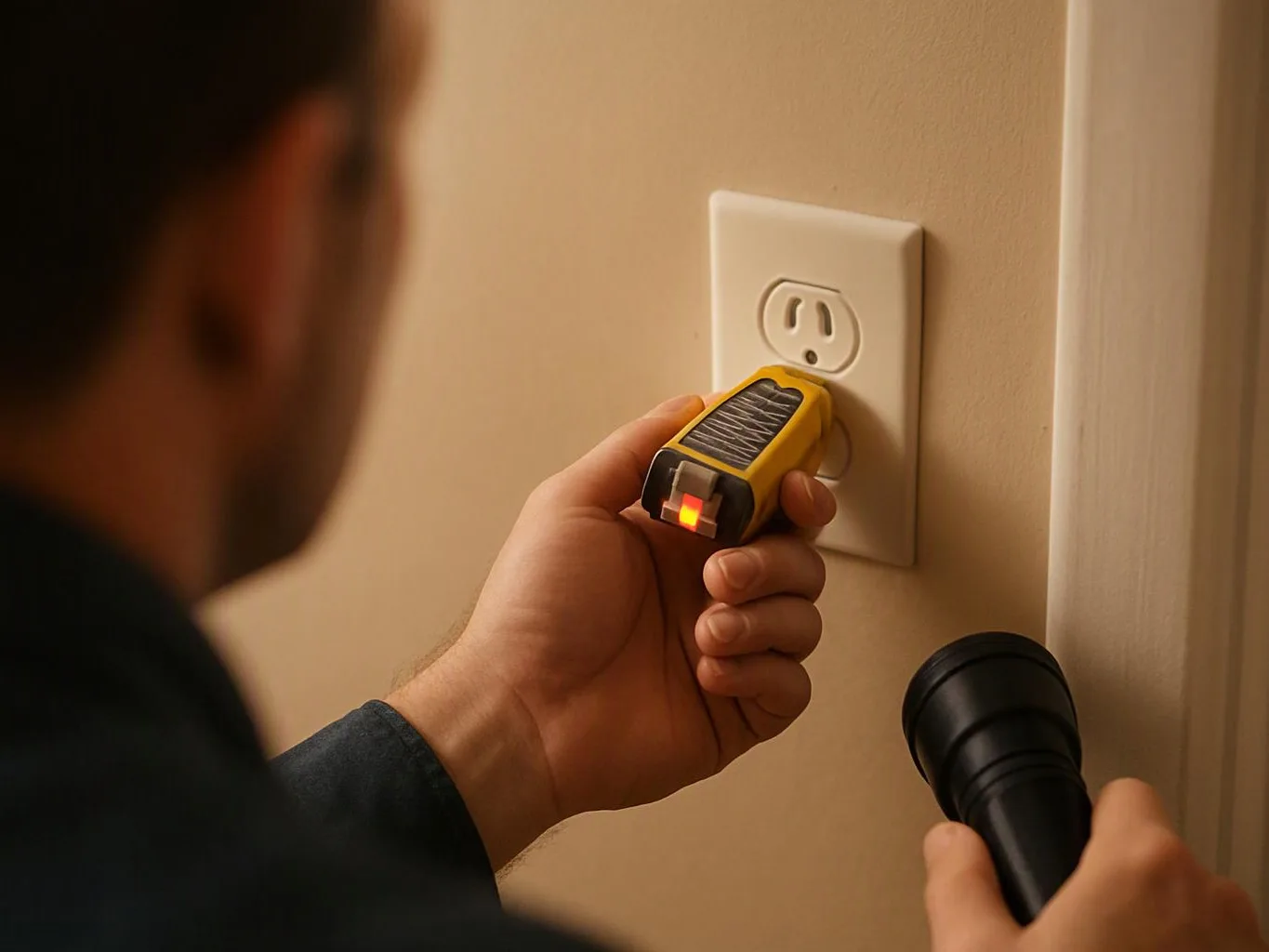 A person tests a wall outlet with a small yellow device while holding a flashlight in a dim room