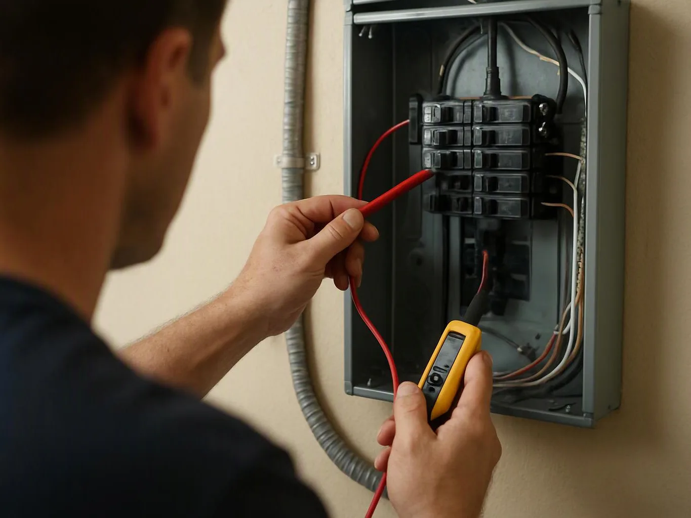 A person tests wiring in an open electrical breaker panel with a red probe and meter