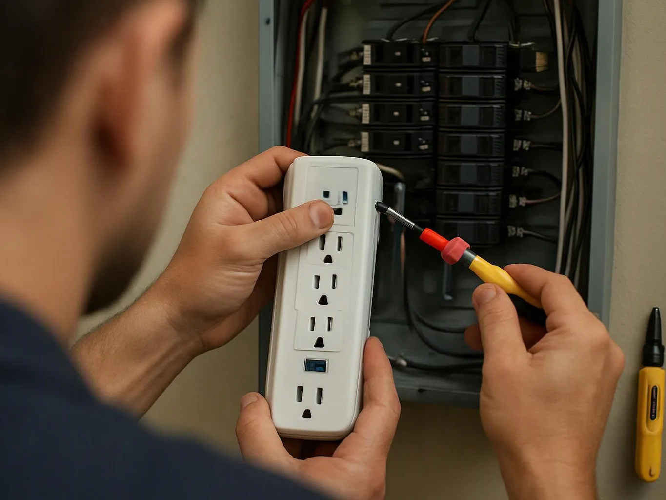 A person uses a screwdriver to inspect a white power strip inside an open electrical panel