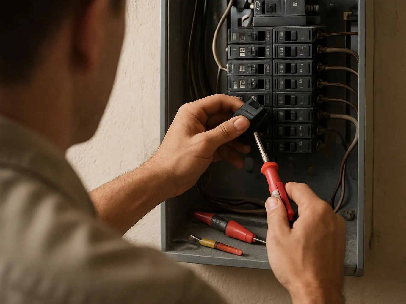 A person uses a screwdriver to work inside an open electrical breaker panel