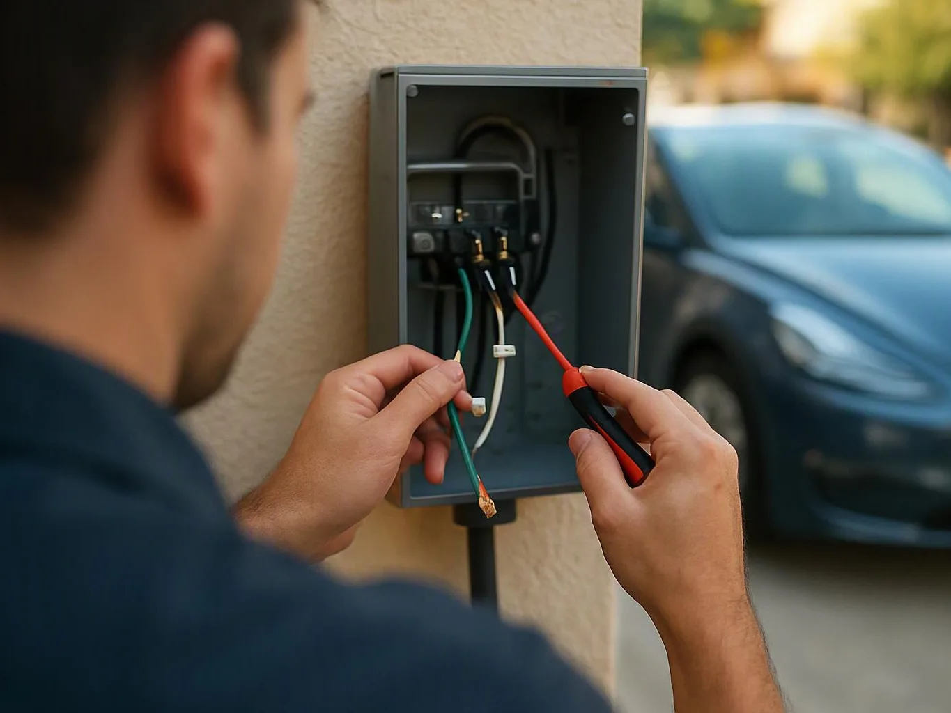 A person uses wire cutters to work on exposed wires inside an open outdoor electrical box near a parked car