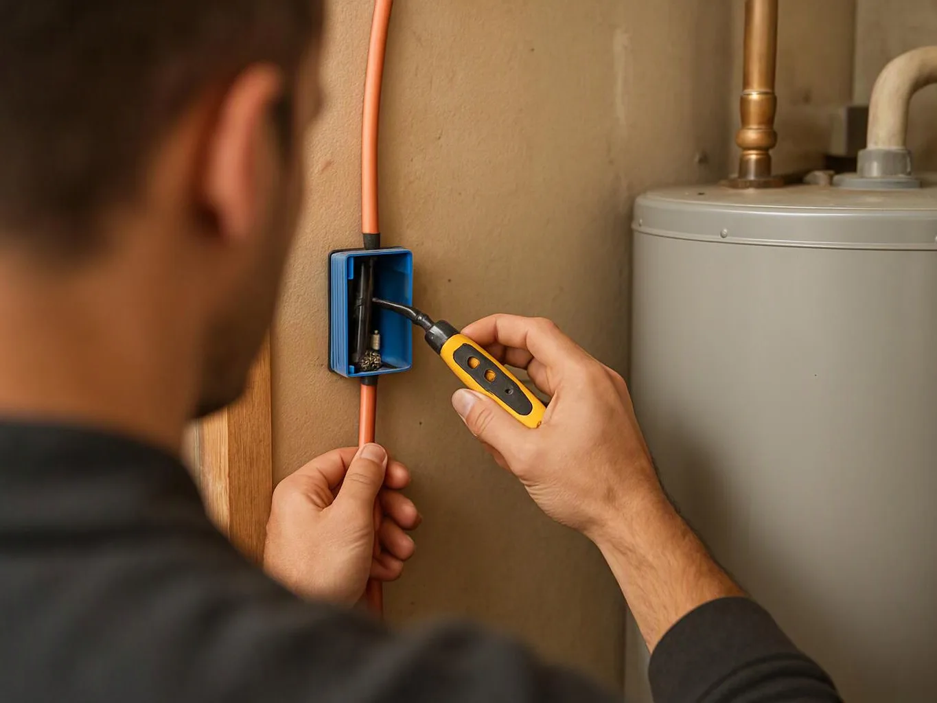 A person uses a yellow screwdriver to work inside a blue wall junction box beside a water heater