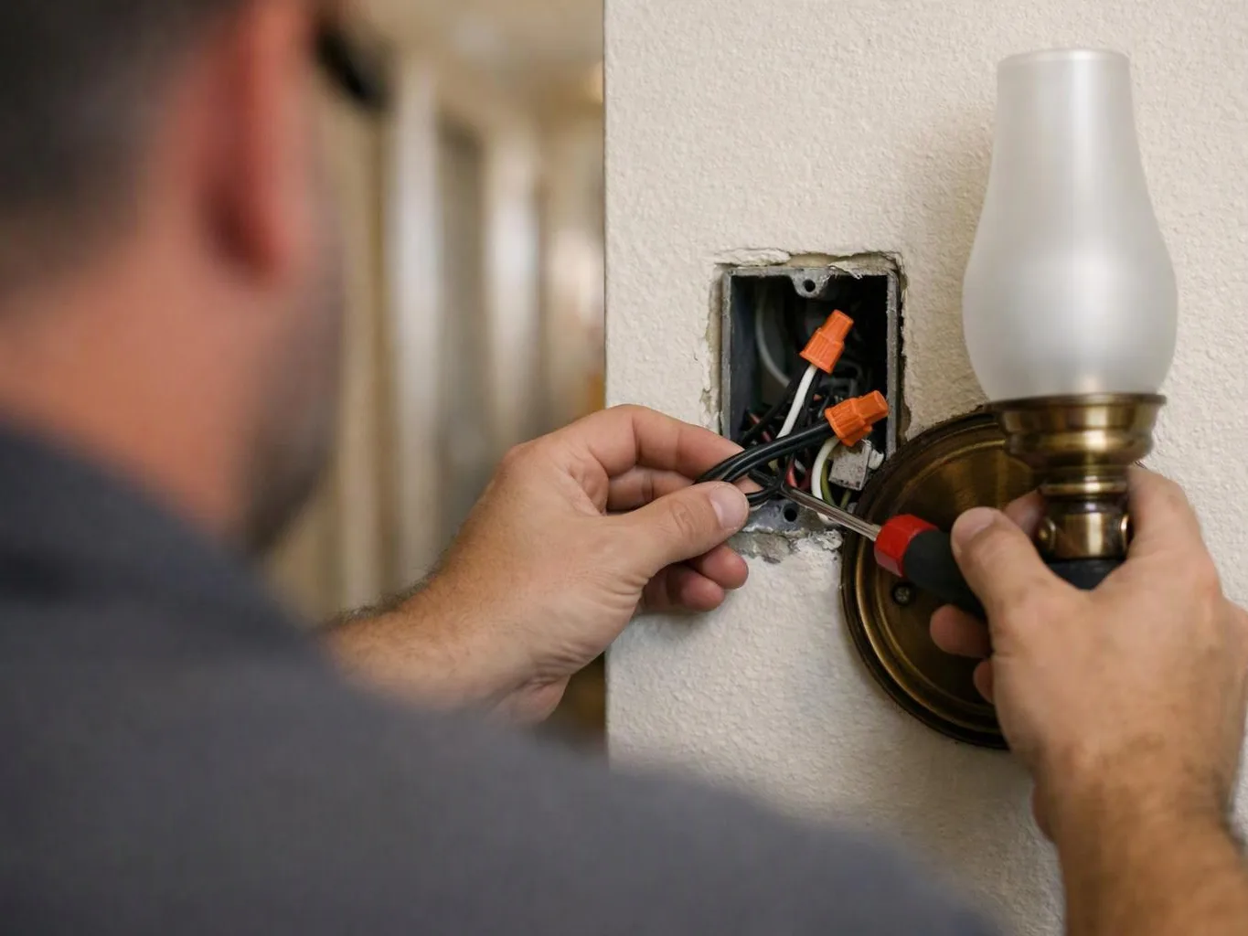 A person wires a wall lamp with a screwdriver beside an open electrical box on a wall