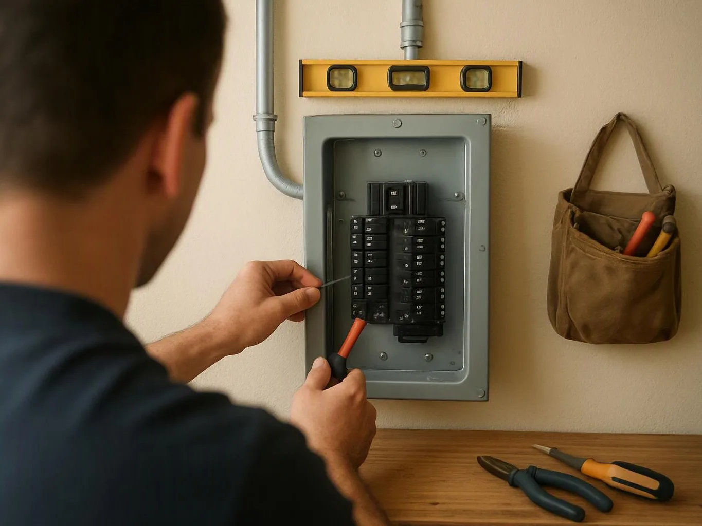 A person works on an open electrical breaker panel with tools on a wooden workbench nearby
