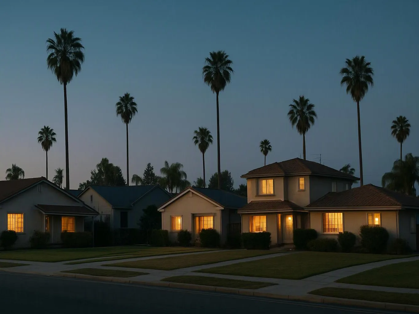Quiet suburban houses glow with warm lights under tall palm trees at dusk
