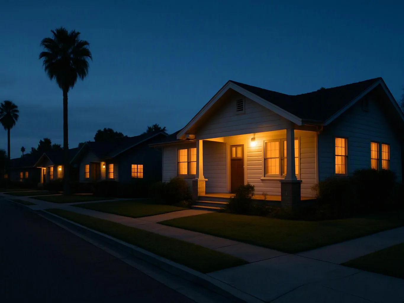 A quiet suburban street at dusk shows lit houses, a porch, sidewalks, and tall palm trees