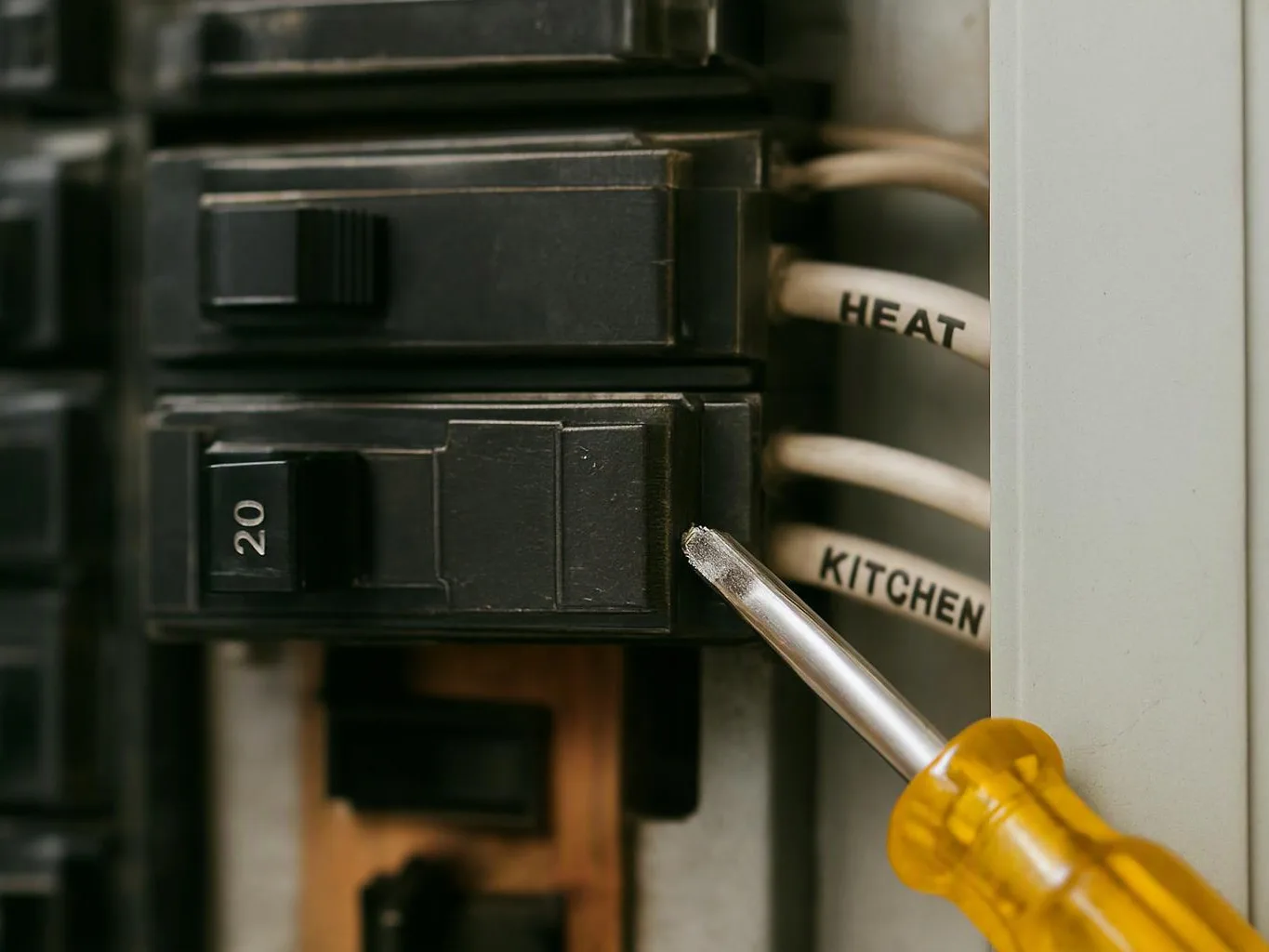 A screwdriver points at a black electrical breaker beside labeled wires in a panel
