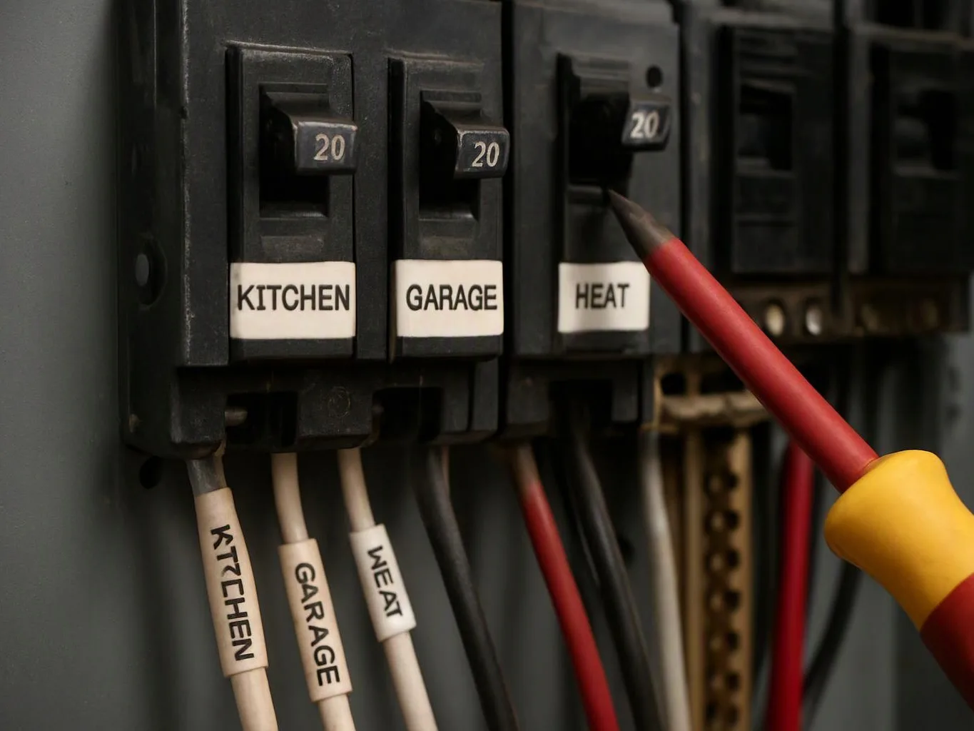 A screwdriver points at labeled circuit breakers inside an electrical panel with wires below
