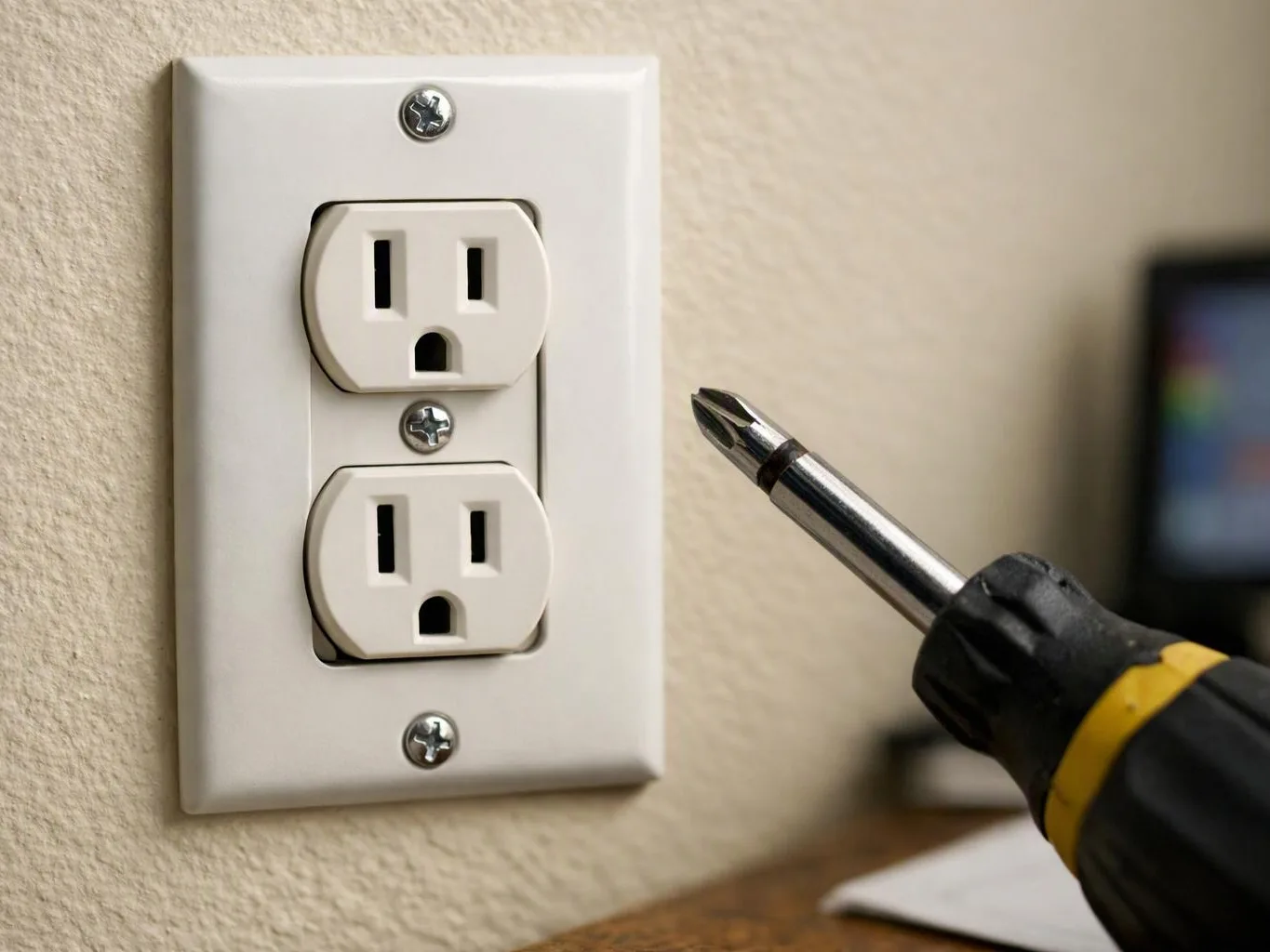 A screwdriver points toward a double wall outlet mounted on a beige wall