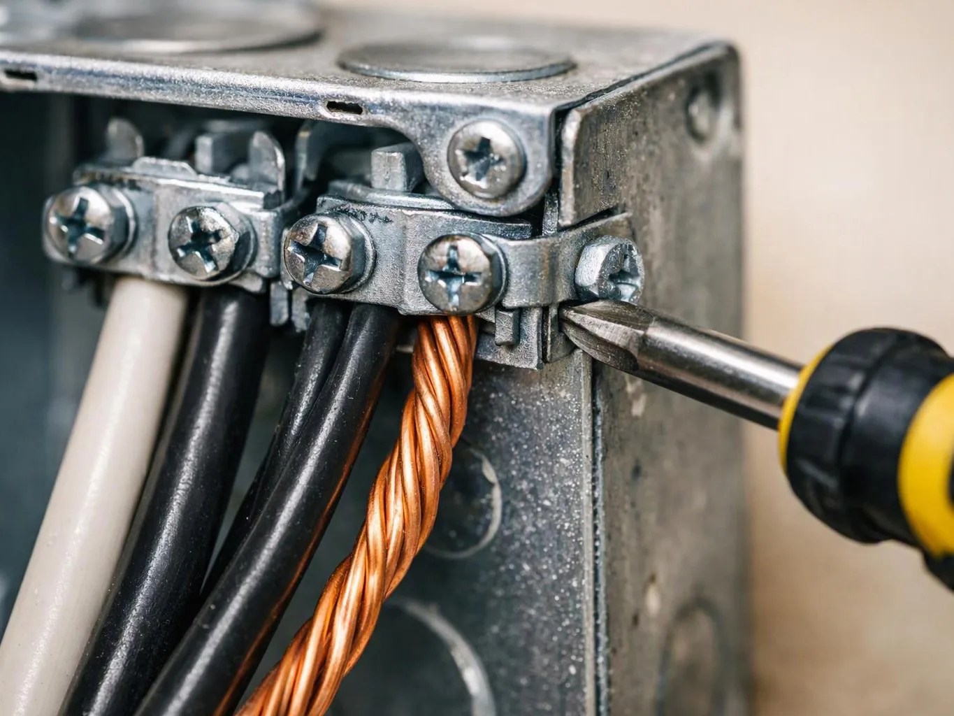 A screwdriver tightens a screw on an electrical junction box with several wires inside