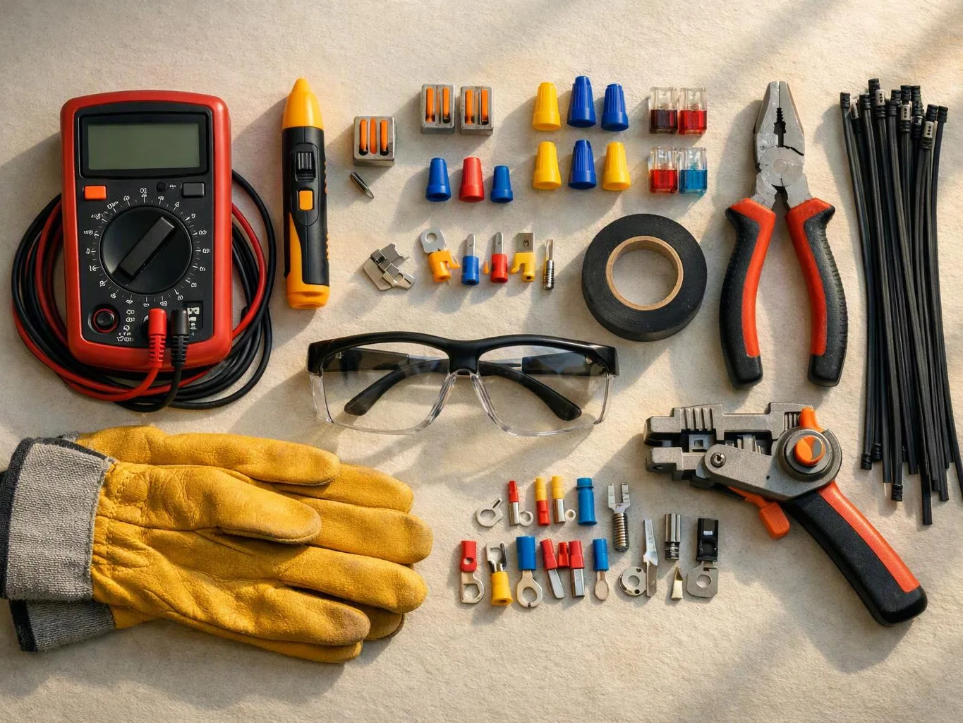 A set of electrical tools and connectors lies neatly arranged on a light surface, including gloves, pliers, and a multimeter