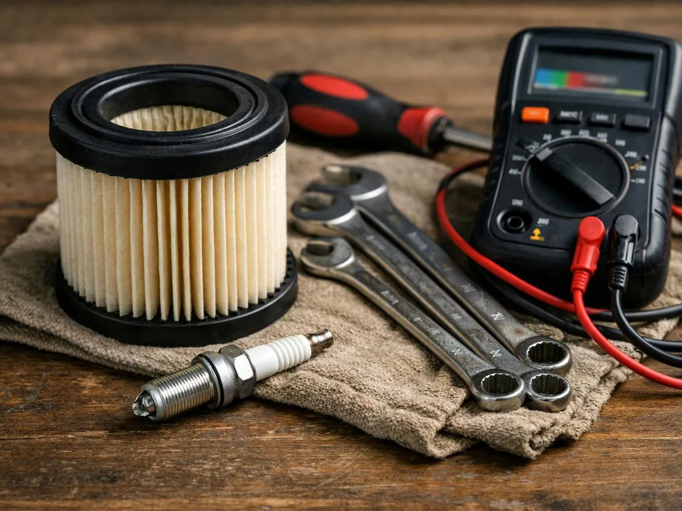 A set of mechanic tools and parts sits on a cloth, with a multimeter, wrenches, screwdriver, filter, and spark plug
