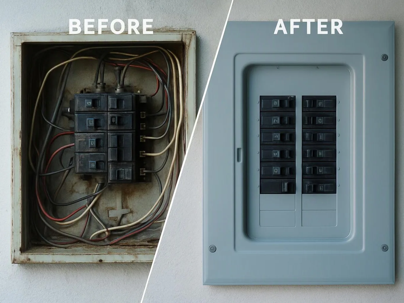 Side-by-side electrical panels show a messy old box before and a clean modern panel after