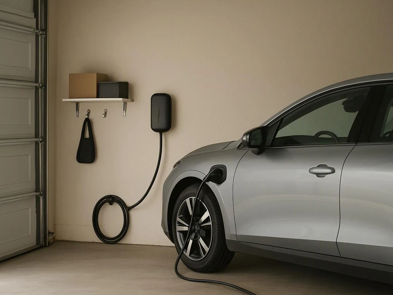 A silver electric car is plugged into a wall charger inside a clean garage