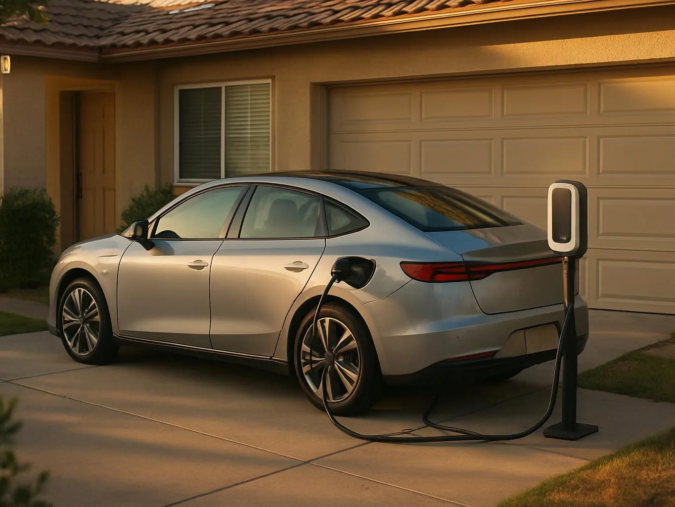 A silver electric sedan sits in a driveway, plugged into a charging station beside a closed garage door