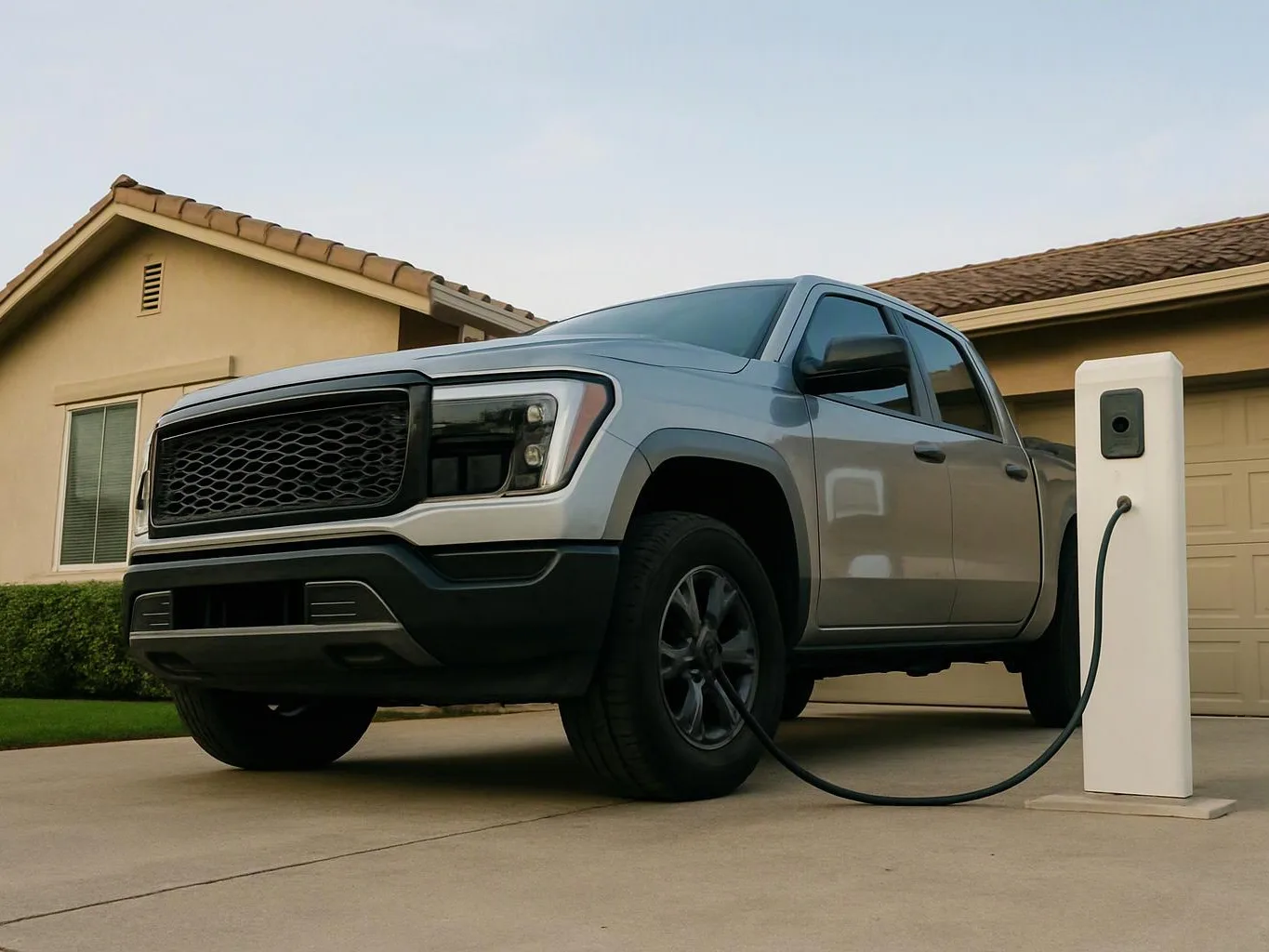 A silver pickup truck is plugged into a white charging post in a driveway outside a house