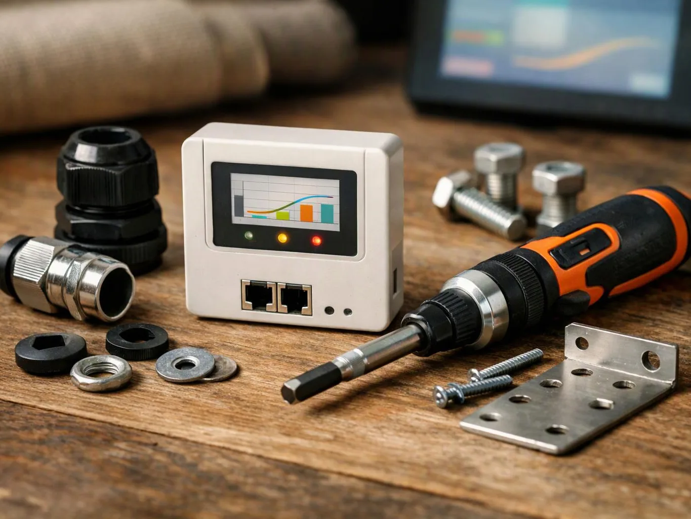 A small display box sits among screws, bolts, washers, and a screwdriver on a wooden workbench