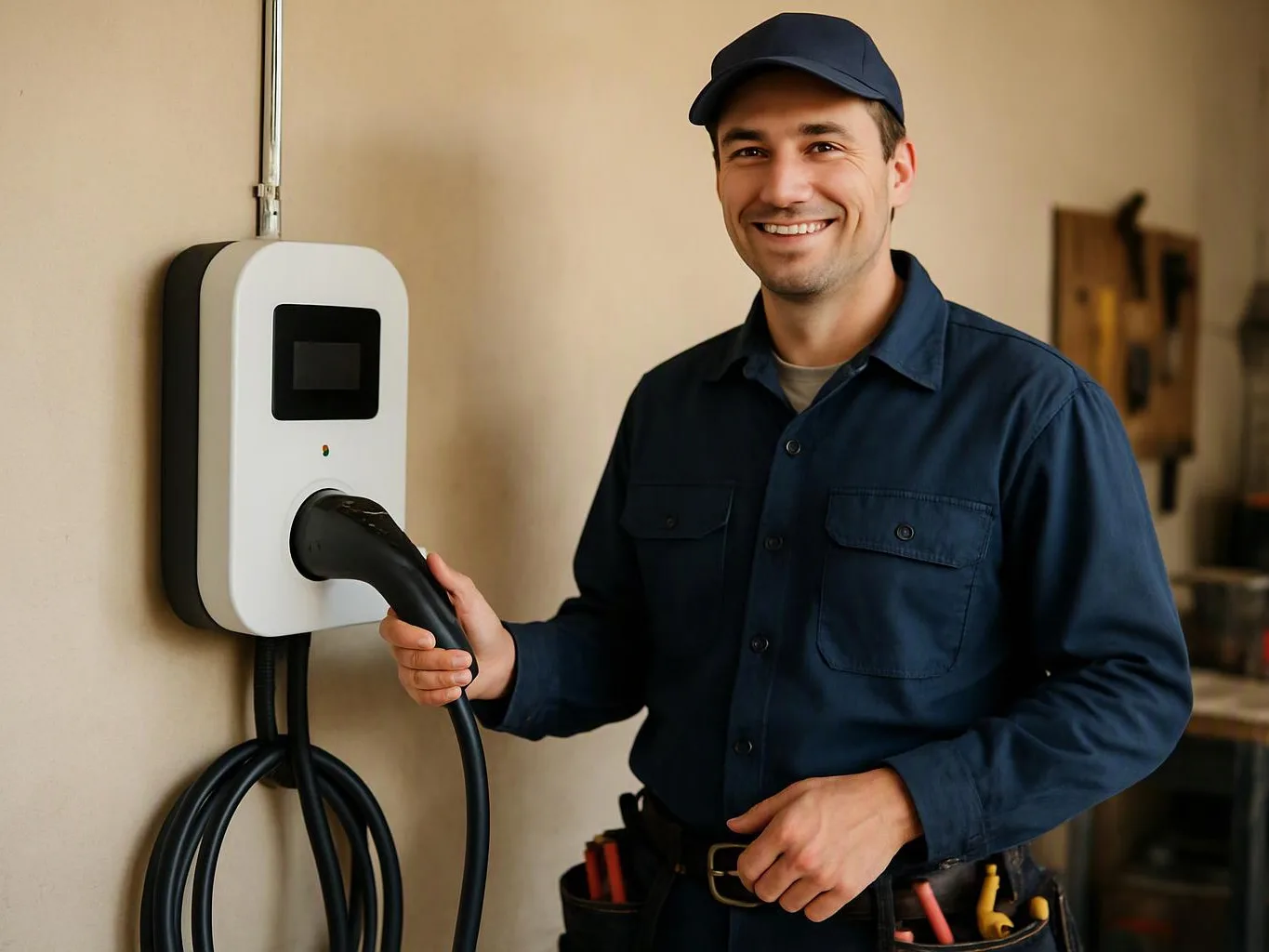 A smiling electrician in a blue uniform plugs a charging cable into a wall-mounted device indoors