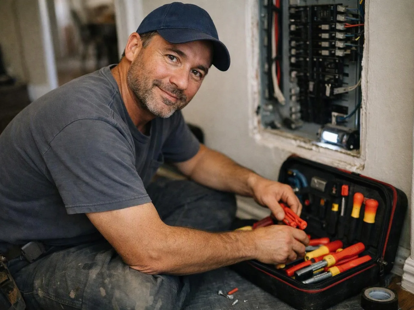 A smiling man in a cap sits on the floor, sorting insulated tools beside an open electrical panel