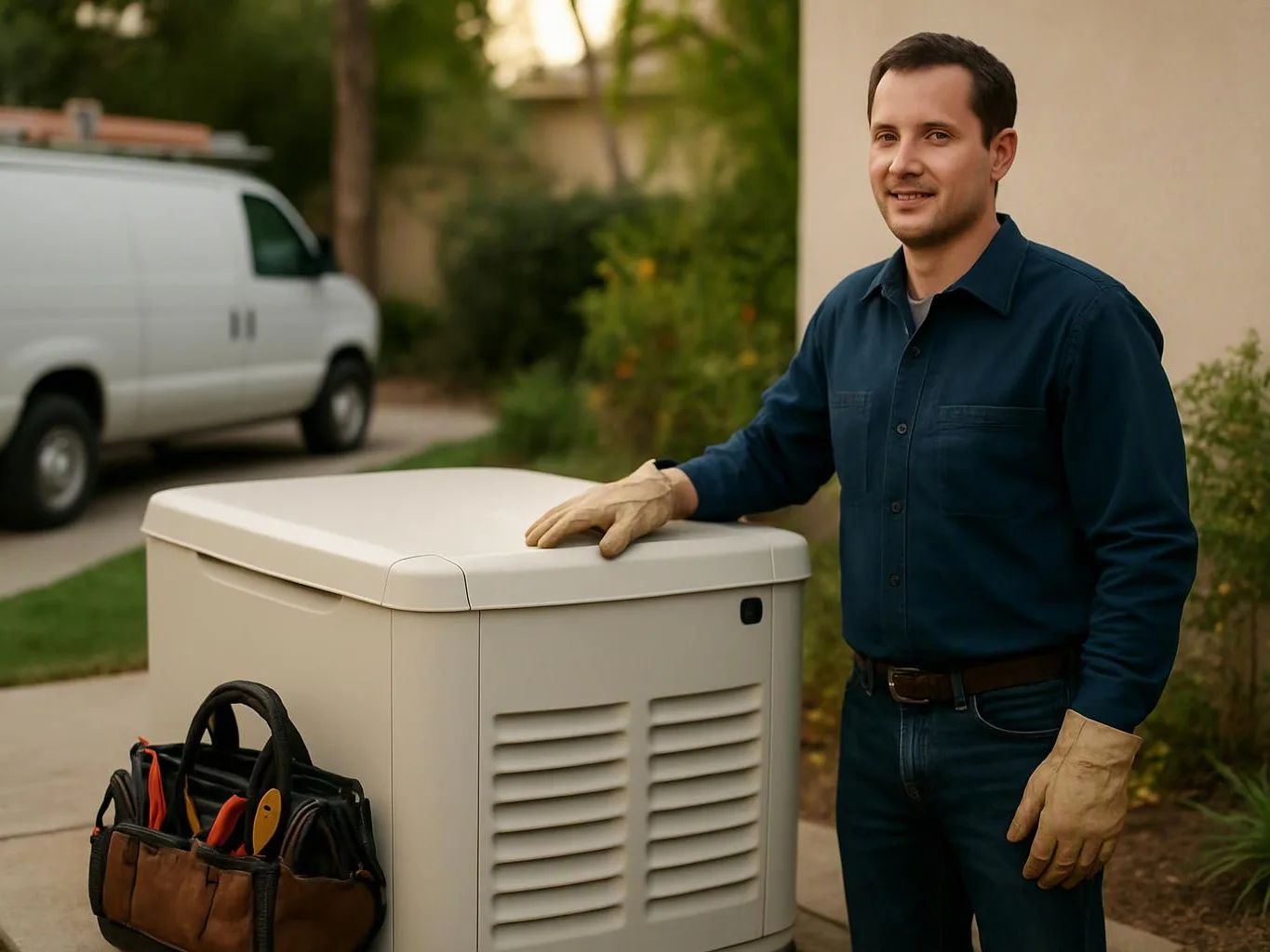 A smiling man in work gloves stands beside a large outdoor unit, with a tool bag and white van nearby