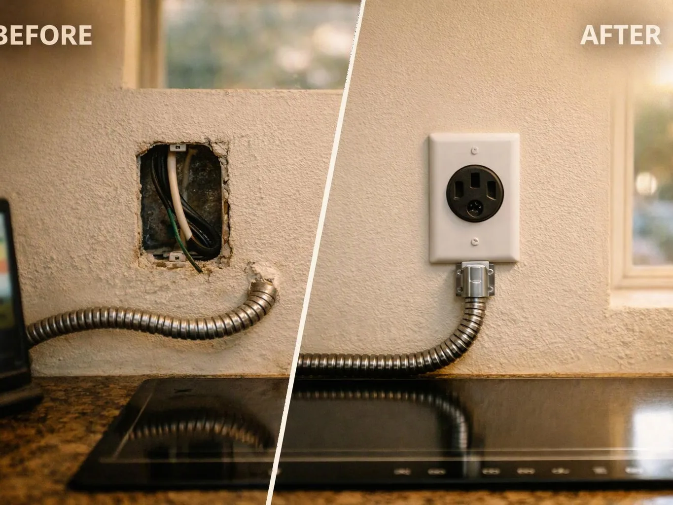 Split before-and-after image shows a damaged wall outlet replaced by a finished outlet above a kitchen cooktop