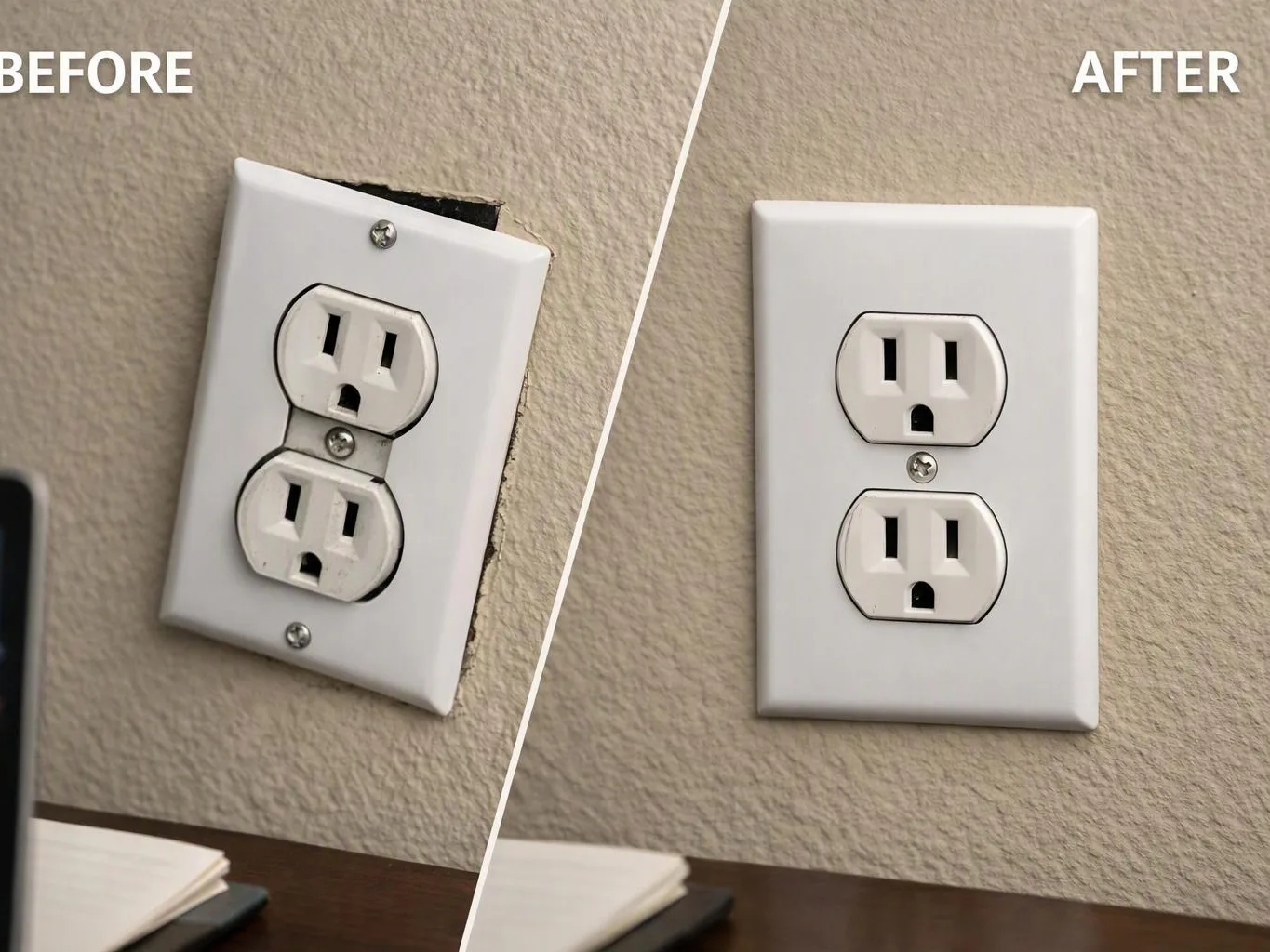 A split before-and-after photo shows a damaged wall outlet beside a repaired outlet on a beige wall