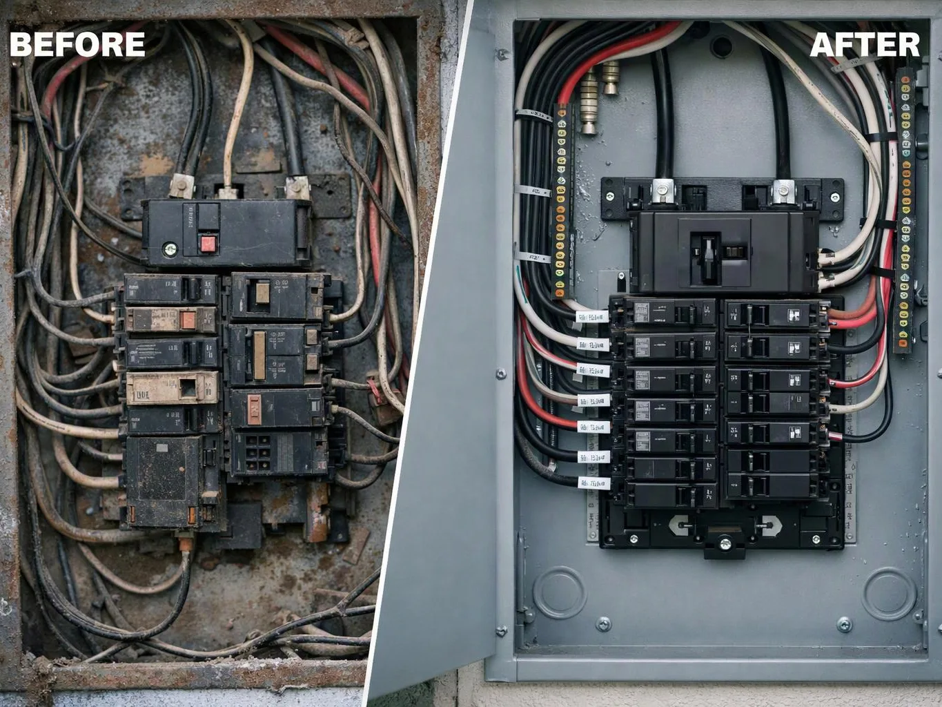 Split before and after view of an electrical breaker panel, with messy old wiring beside a clean updated panel