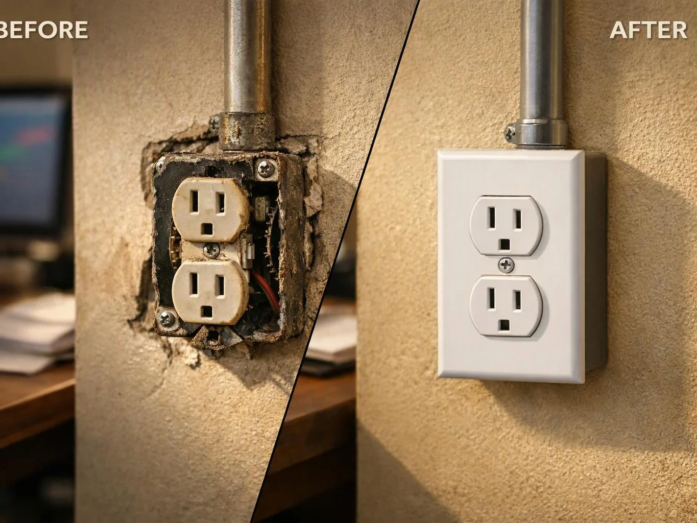 Split before-and-after view shows a damaged wall outlet replaced by a clean new outlet cover