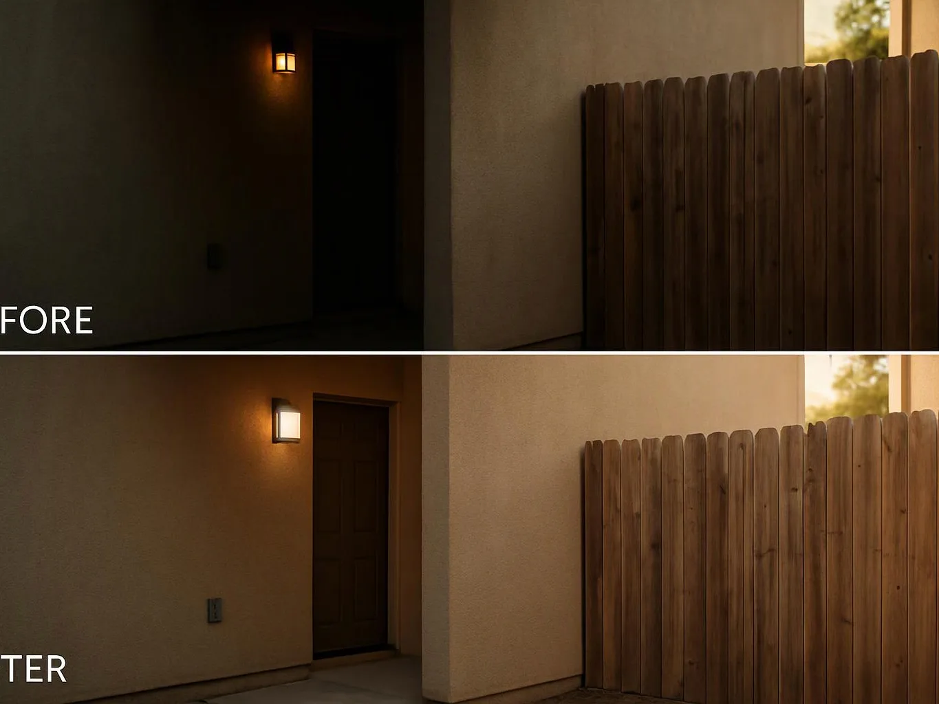 Split before-and-after view shows a dim house entry brightening beside a wooden fence and doorway