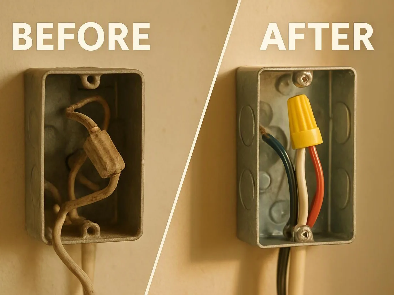 Split image showing a messy electrical box before, and neatly capped wires in a box after