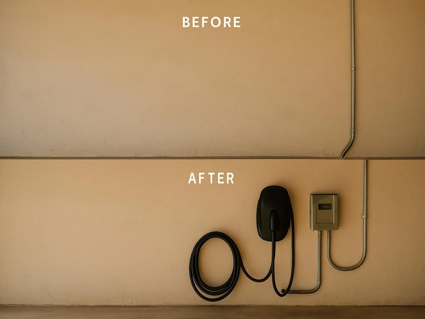 A split image shows a bare beige wall before, then a wall with a black wall charger and electrical conduit after