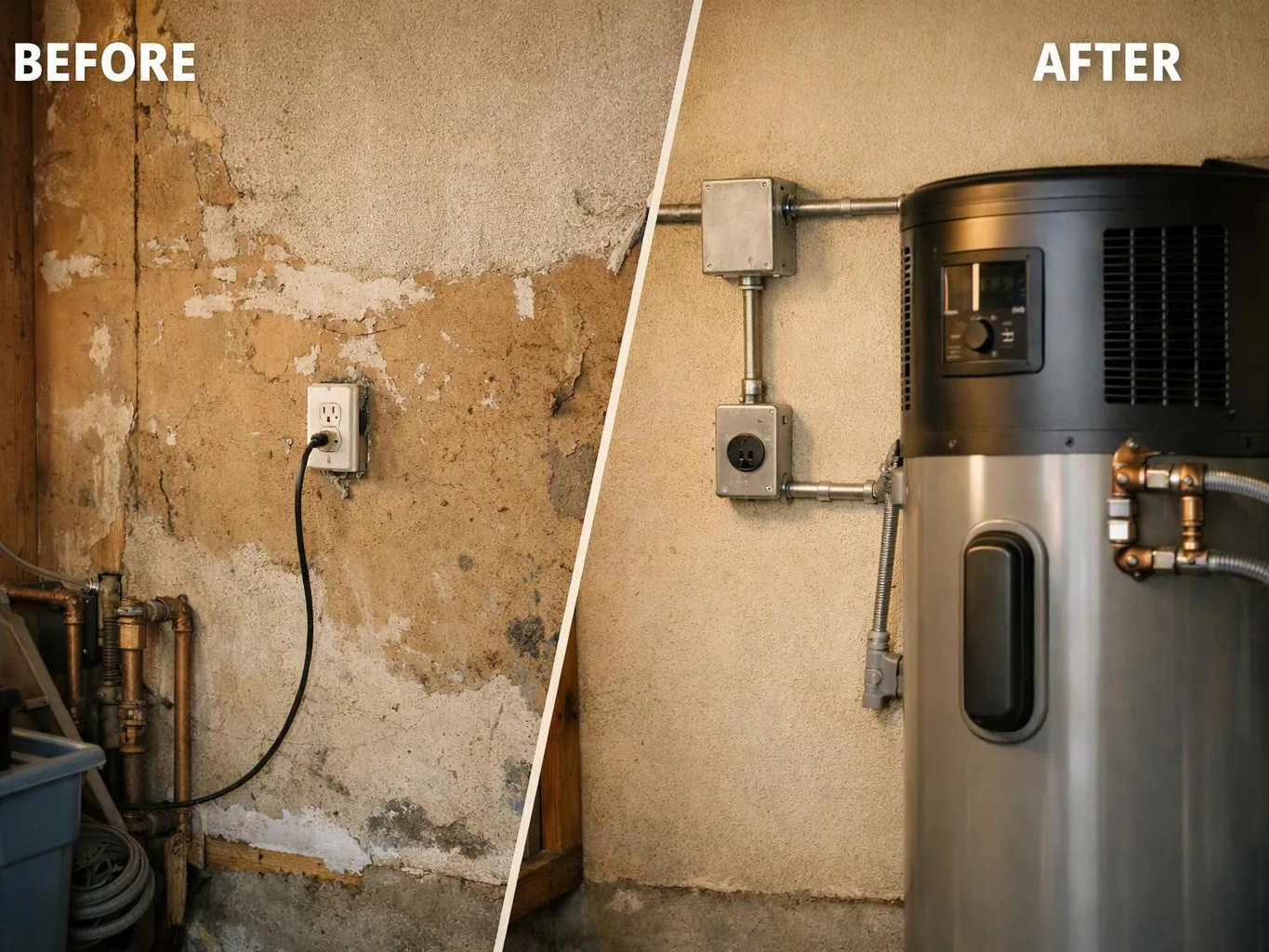Split image shows a damaged basement wall before and a finished utility wall with a water heater after