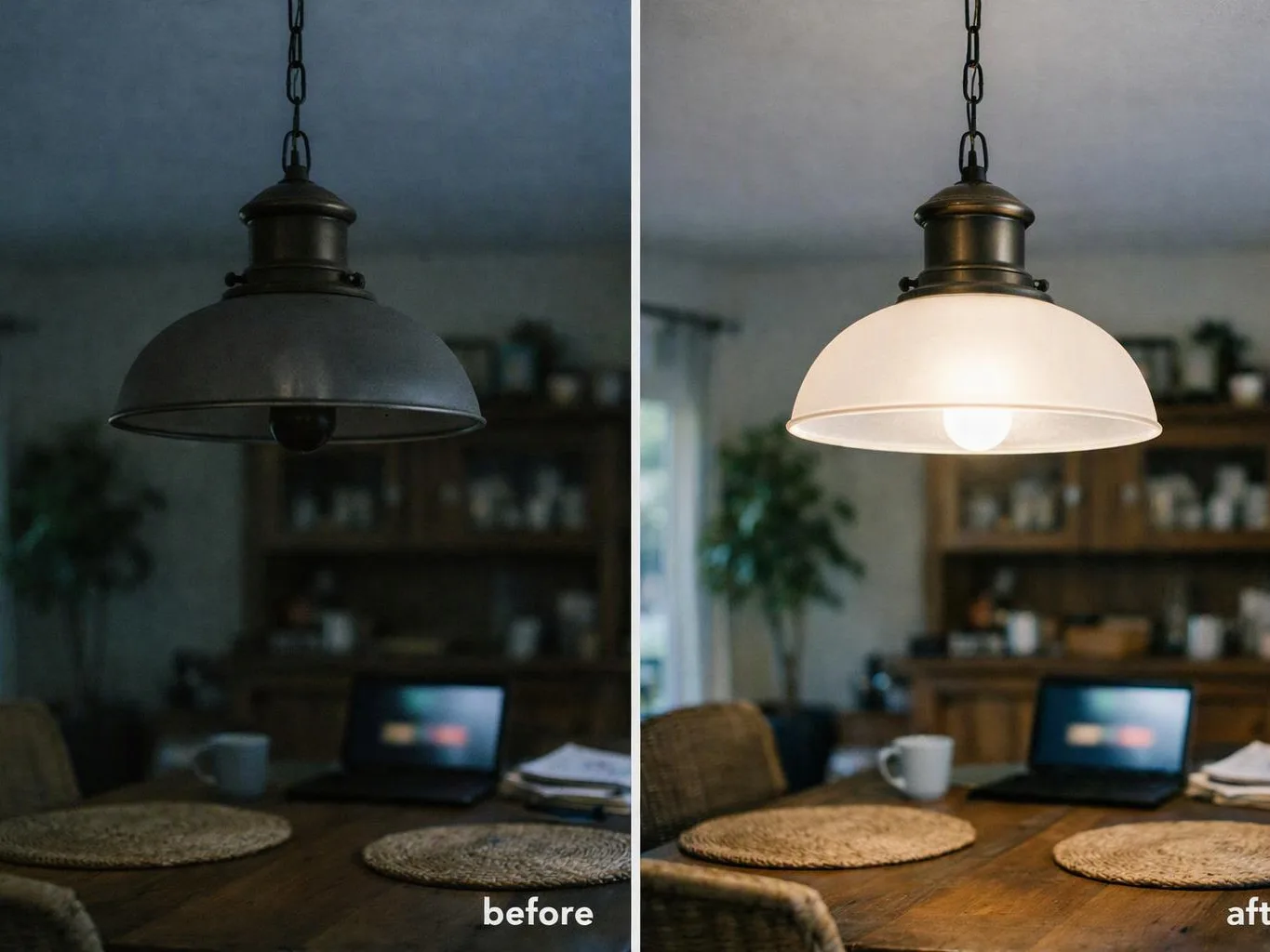 Split image shows a hanging pendant light before on the left and after on the right