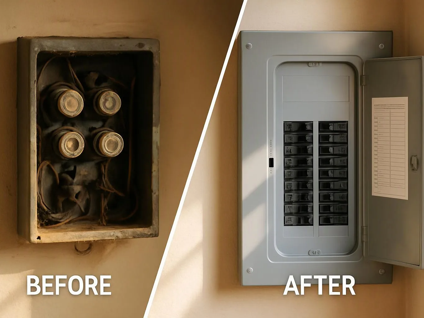 Split image shows an old open fuse box beside a clean modern electrical panel with the door open