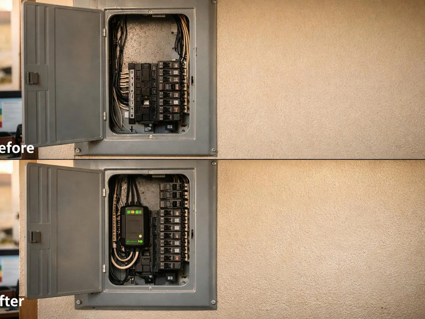 A split image shows an open electrical breaker panel before and after a device is added inside a beige wall