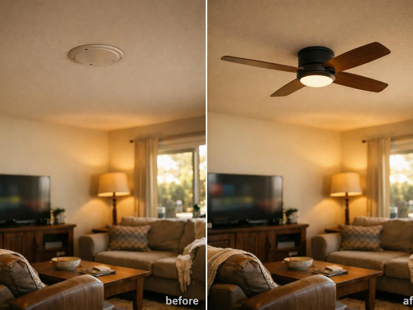 Split view of a cozy living room before and after, with a ceiling fan added on the right