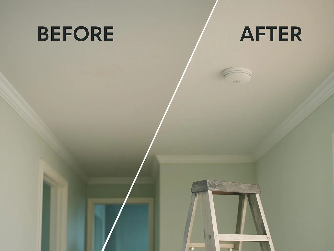 Split view of a hallway ceiling before and after, with a ladder and a smoke alarm visible on the right