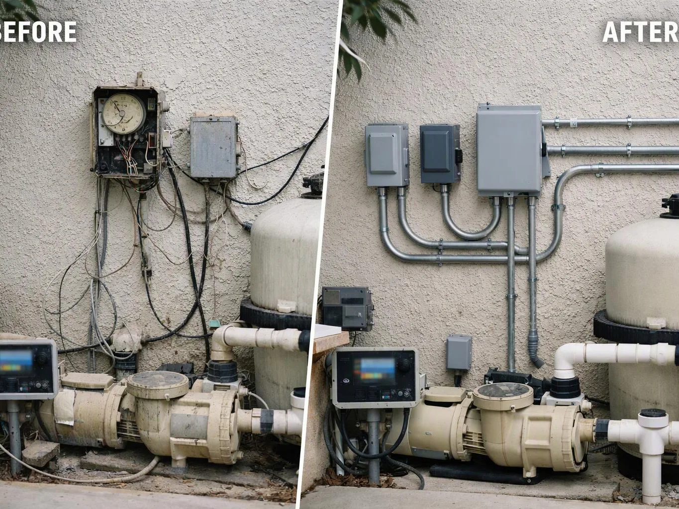 Split view shows a messy pool equipment wall before and a neatly organized setup after installed conduit and boxes