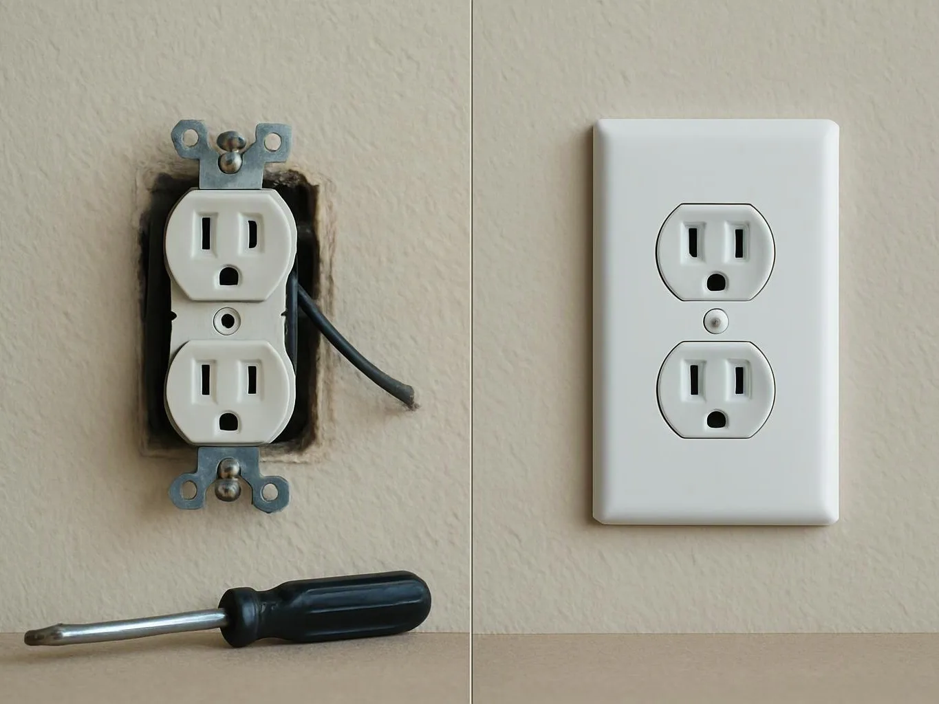 A split view shows an old exposed wall outlet beside a newly covered outlet, with a screwdriver below